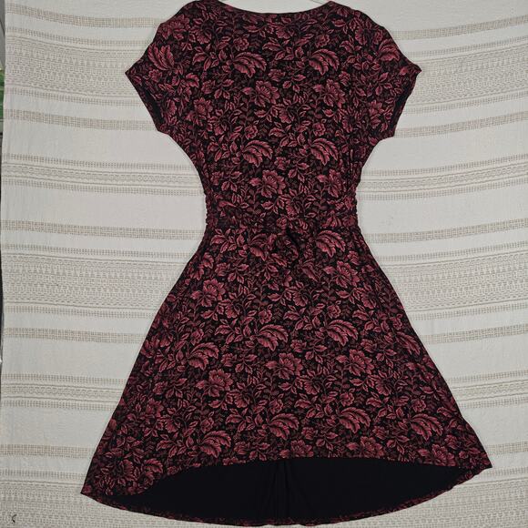 Krisp Maroon Black Floral V Neck Knot Dress Size 14 US 18 UK - Picture 2 of 9